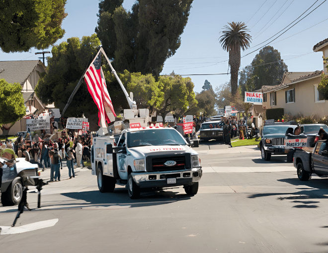 In Santa Clara, a tow truck maneuvers through a contentious neighborhood, watched closely by protesting residents and media, amidst political banners and public scrutiny.
