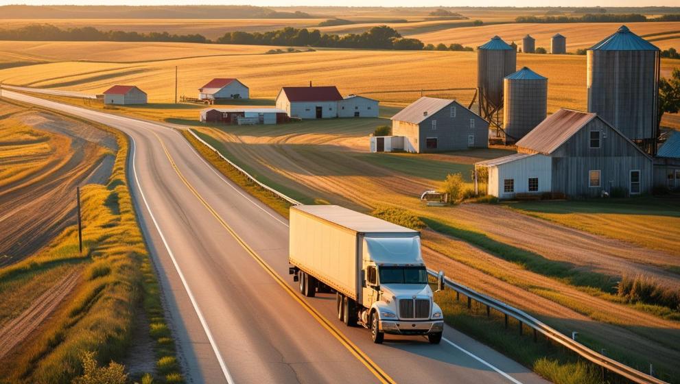 Rural highway with semi-truck, golden light, fields, and scattered farm buildings.