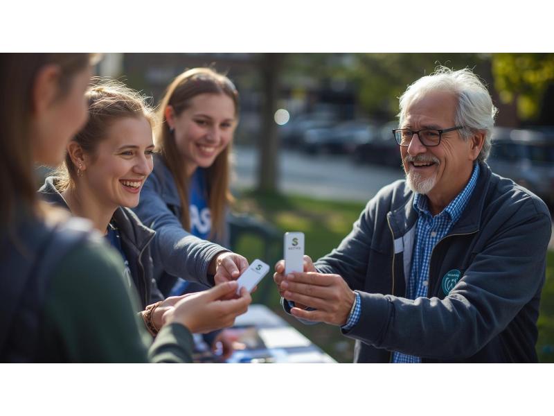 Smiling volunteers hand branded USB sticks to voter at cheerful community event.