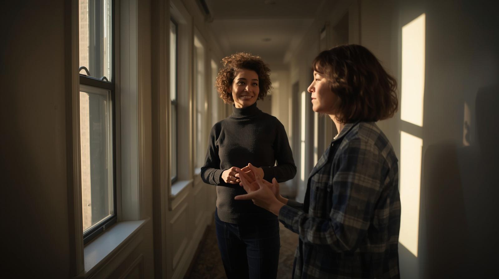 Tenant discusses safer apartment improvements with housing representative inside bright Manhattan building.
